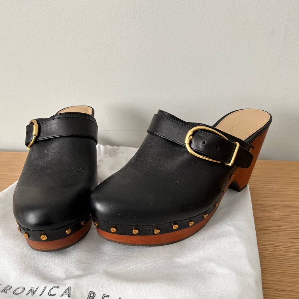 Veronica Beard Hendrix Clogs - Black Leather Clogs/Mules with Gold Buckle Detail